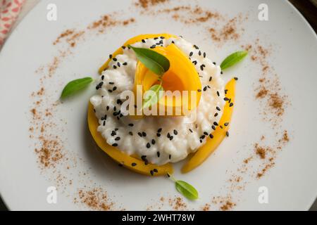 Mango-Kleberreis. Kleberreis mit Kokosmilch und frischem Obst gekocht. Stockfoto