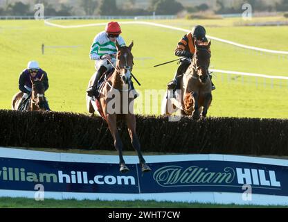 American Mike (Mitte) wurde von Jockey Jack Kennedy auf dem Weg zum Sieg der William Hill Ten Up Novice Chase auf der Navan Racecourse in County Meath, Irland, gefahren. Bilddatum: Sonntag, 11. Februar 2024. Stockfoto