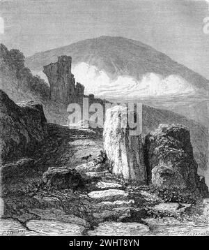 Wanderer auf Wanderwegen oder Track and Rock Formationen im Harz oder Hochland Deutschland. Vintage oder historische Gravur oder Illustration 1863 Stockfoto