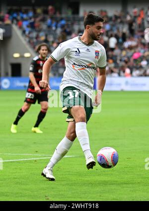 Parramatta, Australien. Februar 2024. Kostandinos Grozos von Newcastle Jets, die während des Spiels der A-League 2023/24 in Runde 16 zwischen Western Sydney Wanderers FC und Newcastle Jets im CommBank Stadium in Aktion waren. Endpunktzahl: Western Sydney Wanderers 3:3 Newcastle Jets. (Foto: Luis Veniegra/SOPA Images/SIPA USA) Credit: SIPA USA/Alamy Live News Stockfoto