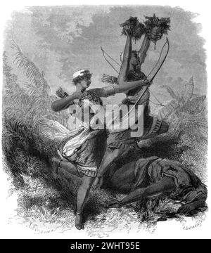 Amazonas Bogenschützen oder Krieger enthaupten Stammesfeinde im Königreich Dahomey, heute Republik Benin, Westafrika. Vintage oder historische Gravur oder Illustration 1863 Stockfoto