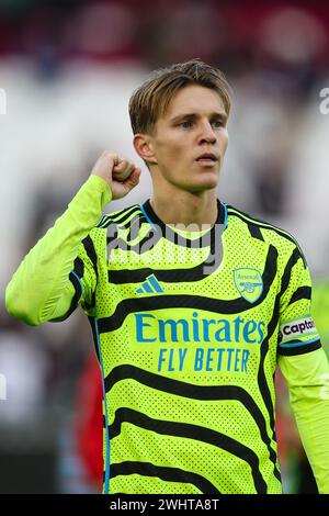 LONDON, UK - 11. Januar 2024: Martin Odegaard von Arsenal feiert nach dem Premier League-Spiel zwischen West Ham United und Arsenal FC im London Stadium (Credit: Craig Mercer/ Alamy Live News) Stockfoto