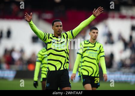 LONDON, Großbritannien - 11. Januar 2024: Gabriel Magalhaes von Arsenal feiert nach dem Premier League-Spiel zwischen West Ham United und Arsenal FC im London Stadium (Credit: Craig Mercer/ Alamy Live News) Stockfoto