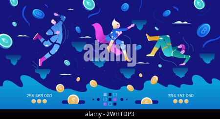 P2E, NFT Blockchain Spiele. Ein flacher Kerl und Mädchen spielen, um Bitcoin im Metaverse zu verdienen. Charaktere in der virtuellen Realität spielen und verdienen Kryptowährung, Geld in Krypto-Geldbörse. GameFi-Technologie. Stock Vektor