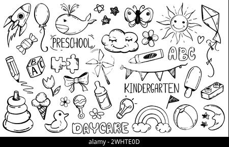 Kritzelset für Kindertagesstätten. Kindergarten- und Vorschulzeilen-Vektorillustration. Kinder-Icon-Kollektion mit handgezeichneten Spielzeugen, Blumen, Sonne, Rakete, Regenbogen, Tiere und Süßigkeiten auf weißem Hintergrund. Stock Vektor