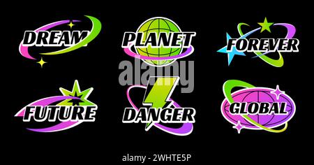 Retro Y2K-Logosatz. Aufkleber in Farbe mit saurem Farbverlauf und Schriftlogos für das Hemd. Abzeichen, Schriftzug Typografie Vektor-Icon Design mit Stern, Planet Erde. Futuristische Elemente isoliert auf schwarzem Hintergrund. Stock Vektor