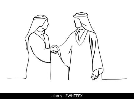 Zwei muslimische Männer in arabischer Kleidung schütteln die Hand. Illustration eines Zeilenvektors. Stock Vektor