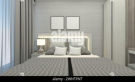 Minimalistisches Schlafzimmer-Design mit schlichtem Kopfteil aus Holz und Beleuchtungsdekoration Stockfoto