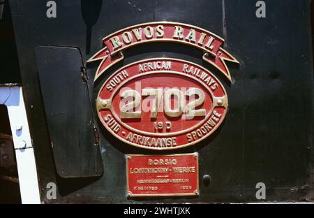 Fabrikschild an der BORSIG-Lokomotive Nr. 2702 der Rovos-Rail * Fabrikschild auf einer Borsig-Dampflokomotive von Rovos Rail Stockfoto