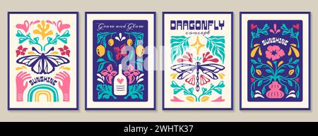 Vorlage für abstrakte Poster mit Blumenmuster. Trendiger matisse minimaler Stil. Botanische Kunst mit groovigen Blumen in Vase, Schmetterling und Libelle als Wanddekoration. Moderne, naive Innendekoration in Rahmen. Stock Vektor