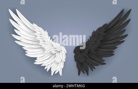 Realistische Engel- und Dämonenflügel. Weißer Taubenflügel mit engelhaftem nimbus, Teufelshörner mit Paar schwarzen Flügeln und fallenden Federn 3D isolierter Vektor Stock Vektor