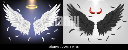 Engel und Dämonenflügel. Schwarz-weiß gefiederte Flügel, engelhaftes gutes und dämonisches böses Konzept realistisches 3D-Vektor-Illustrationsset Stock Vektor