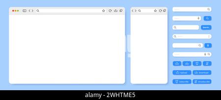 Browser-UI-Vorlage. Layout der Internetseite, Bereiche der Suchleiste der Benutzeroberfläche und Aktionsschaltflächen Vektorabbildungen festgelegt Stock Vektor