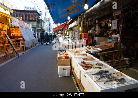 Tokyio, Japan. Januar 2024. Zubereitung von Speisen an Verkaufsständen auf dem Tsukiji Outer Market im Stadtzentrum Stockfoto