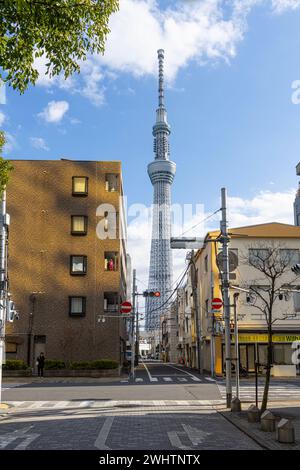 Tokio, Japan. Januar 2024. Häuser im Sumida-Viertel mit dem Tokyo Skytree Tower im Hintergrund Stockfoto