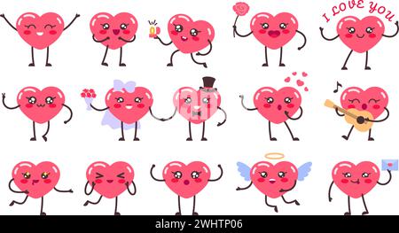 Kawaii Herzmaskottchen. Liebesfiguren, romantische Herzen und süße glückliche Valentinstag Vektor Illustration Set Stock Vektor
