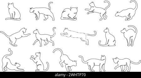 Durchgehende einlinige Katzen. Minimalistische Katzenkonturen, verschiedene Katzenstellungen und Katzenaktivitäten handgezeichneter Vektor-Illustration Set Stock Vektor