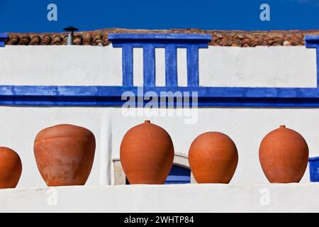 Tontöpfe stehen an der weißen Töpferwand in Portugal Stockfoto