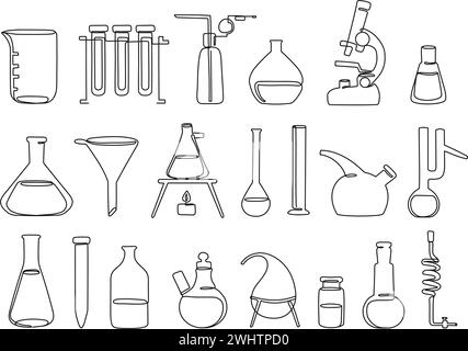 Durchgängige, einzeilige Laborgeräte. Becher, Reagenzgläser, Kolben und Mikroskop, wissenschaftliche Instrumente und Laborsymbole Vektorillustrationsset Stock Vektor