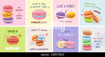 Kawaii Macaron-Karten. Französische Dessert Bäckerei Poster mit niedlichen Macarons Zeichen und Slogans Vektor Illustration Set Stock Vektor