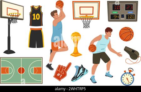 Zeichentrick-Basketball. Spielertrikot, Basketballkorb und -Ball, Dribbeln und Schießen, Fächerschaum Finger, Sporttrophäe und Anzeigetafel Vektor Illustration Stock Vektor