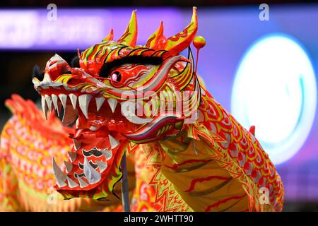 © Julien Mattia/Le Pictorium/MAXPPP - Paris 11/02/2024 Julien Mattia/Le Pictorium - 11/02/2024 - France/Ile-de-France/Paris - un Dragon de bois Parade dans le Parc des Princes pour le Nouvel an Chinois lors de la rencontre entre le Paris Saint Germain (PSG) et le LOSC (Lille), au Parc des Princes, le 10 Fevrier 2024. - Valeurs ACtuelles out, JDD out, No JDD, RUSSIA OUT, NO RUSSIA OUT, NO RUSSIA OUT #norussia/11/02/2024 - France/Ile-de-France (Region)/Paris - während des Spiels zwischen Paris Saint Germain (PSG) und LOSC zieht ein hölzerner Drache zum chinesischen Neujahr durch den Parc des Princes Stockfoto