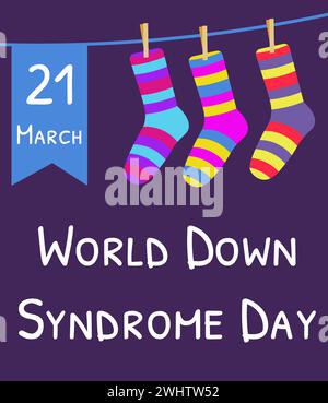 World-Down-Syndrom-Tag. Gestreifte Socken auf dunklem Hintergrund. Down-Syndrom-Awareness-Konzept. Vektorabbildung Stock Vektor