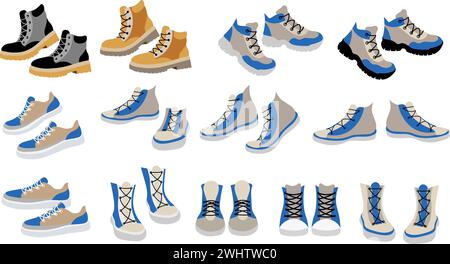Schuhkollektion. Schuhe mit verschiedenen Sohlen für Damen und Herren. Illustration des flachen Vektors auf weißem Hintergrund isoliert. Stock Vektor