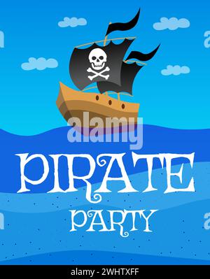 Piratenabenteuer. Poster-Einladung zu einer Piratenparty. Ein Piratenschiff segelt schnell ins Meer. Abenteuer für Kinder auf einer Piratenparty. Vektor Stock Vektor