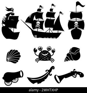 Piratenabenteuer. Satz von Vektorpiraten-Silhouetten. Segelboote, Waffen, Krabben und Muscheln. Elemente einer Piratenparty für den Kindergarten. Vektorillustrat Stock Vektor