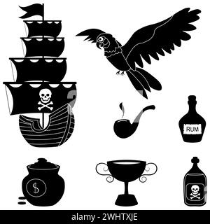 Piratenabenteuer. Satz von Vektorpiraten-Silhouetten. Schiff, Papagei, Rum, Becher und Pfeife. Elemente einer Piratenparty für den Kindergarten. Vektorillustraten Stock Vektor