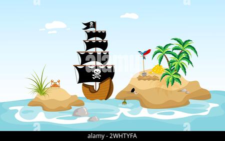 Piratenabenteuer. Ein Piratenschiff fährt zwischen zwei Inseln. Pirates Party Kids Abenteuer. Vektorabbildung Stock Vektor