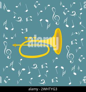 Musikdesign. Weiße Noten und Trompete auf blauem Hintergrund. Für Konzert, Musik, Aufkleber, T-Shirts. Abstrakte Vektorillustration. Stock Vektor