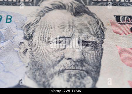 Nahporträt von Ulysses Grant auf 50-Dollar-Schein, Finanzen, Kapitalismus, Finanzkrise Stockfoto