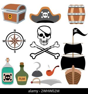 Piratenabenteuer. Piratenset mit Schiff, Schädel, Faß und Gift. Pirates Party Kids Abenteuer. Vektorabbildung Stock Vektor