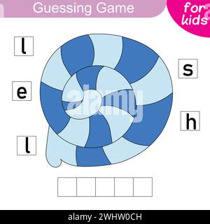 Raten Sie das Wort. Schalenelement. Logikpuzzle-Spiel für Kinder, um englische Wörter zu lernen. Entwicklung von Schreib- und Lesefähigkeiten. Lernspiel für Vorschule und Stock Vektor