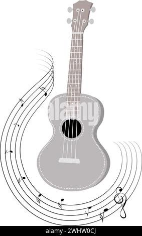 Musikinstrumente. Ukulele Gitarre mit musikalischen Noten. Vektor-Illustration in flacher Zeichentrickart Stock Vektor