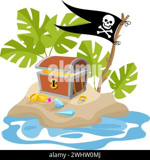 Piratenabenteuer. Piratenfahne und Schatztruhe auf der Insel. Pirates Party Kids Abenteuer. Vektorabbildung Stock Vektor