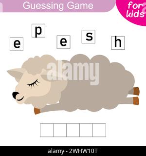 Raten Sie das Wort. Schafe. Logikpuzzle-Spiel für Kinder, um englische Wörter zu lernen. Entwicklung von Schreib- und Lesefähigkeiten. Lernspiel für Vorschule und Stock Vektor