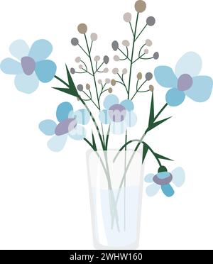 Blumenstrauß aus blauen Blumen, Glasvase mit Wiesenblumen, Blumengeschenk. Vektorabbildung. Stock Vektor