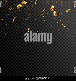 Goldene Konfetti-Feier. Goldenes Serpentinkonfetti auf der Party auf schwarzem Hintergrund. Stock Vektor