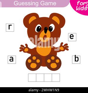 Raten Sie das Wort. Bär. Logikpuzzle-Spiel für Kinder, um englische Wörter zu lernen. Entwicklung von Schreib- und Lesefähigkeiten. Lernspiel für Vorschule und Stock Vektor
