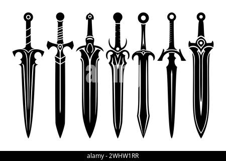 Set von Fantasy-Schwertern-Symbolen. Mittelalterliche Schwerter und futuristische Waffen für die Spieloberfläche. Zeichentrickset von Fantasy Metal Langwortern. Vektorabbildung Stock Vektor