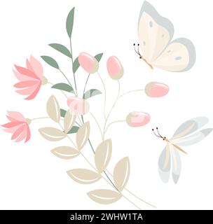 Schmetterlinge fliegen um zarte rosa Blüten und Knospen. Vektorabbildung. Stock Vektor