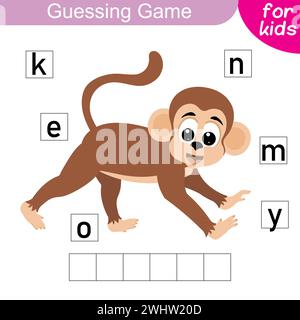 Raten Sie das Wort. Affe. Logikpuzzle-Spiel für Kinder, um englische Wörter zu lernen. Entwicklung von Schreib- und Lesefähigkeiten. Lernspiel für Vorschule A Stock Vektor