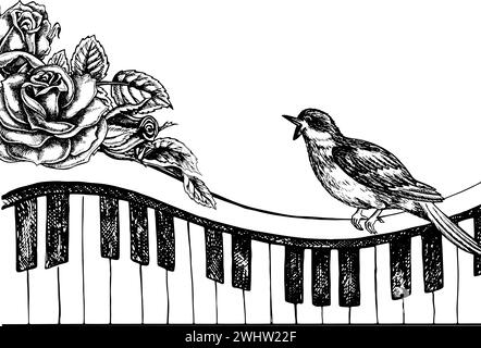 Musical Piano oder Synthesizer Tasten dekoriert mit Rosen mit Nachtigall, grafischer Vektor-Schwarz-weiß-Illustration. Für die Gestaltung von Plakaten fliegen Stock Vektor