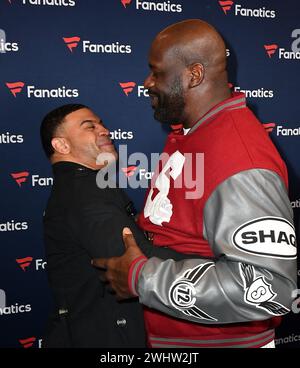 Las Vegas, USA. Februar 2024. Sean Merriman und Shaquille O’neal nehmen am 10. Februar 2024 an Michael Rubins Fanatics Super Bowl Party im Marquee Nachtclub im Cosmopolitan of Las Vegas in Las Vegas Teil. Foto: C Flanigan/imageSPACE/SIPA USA Credit: SIPA USA/Alamy Live News Stockfoto