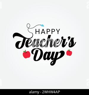 Happy Teacher's Day Hand gezeichneter Schriftzug mit Vektorapfel auf weißem Hintergrund. Teachers Day Script Stil Typografie Grußkarte, Banner, Poster, Stock Vektor