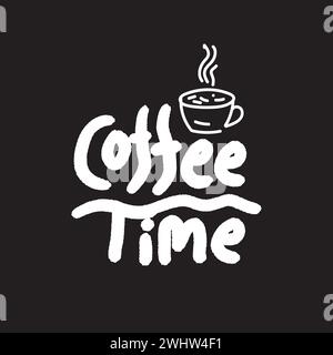 Weiße Farbtypografie zur Kaffeezeit mit einer Kaffeetasse auf schwarzem Hintergrund zur Feier des internationalen Kaffeetages. Schriftzug für T-Shirt, Banner, Stock Vektor