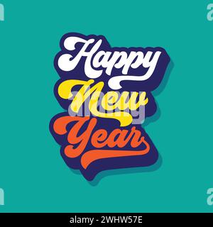 Happy New Year Typografie Illustration im Retro-Stil, um das neue Jahr 2024 weltweit zu feiern. Schriftzug für das neue Jahr in Fettschrift für Banner, Poster, Stock Vektor